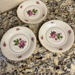 Porcelain Rose Dessert Plates in Pink with Gold Trim